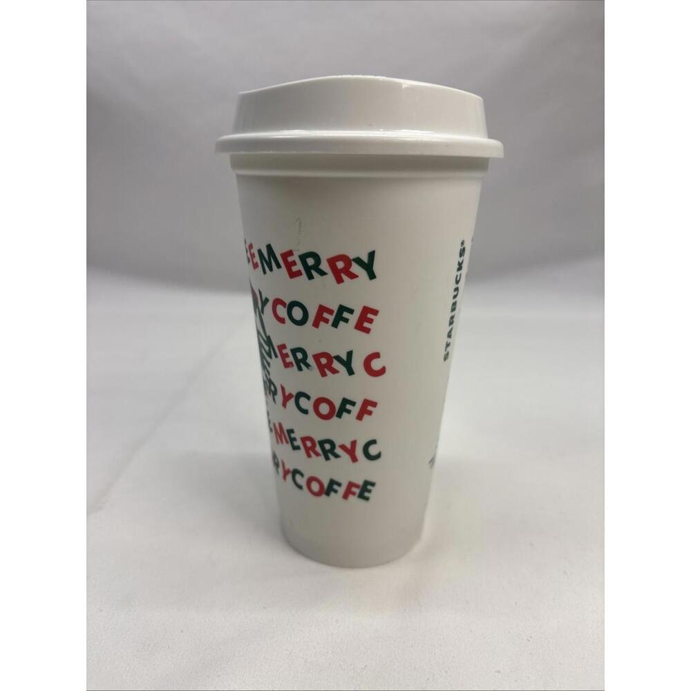 Starbucks Coffee Reusable Travel Plastic Cups 16oz w Lid 2013 White Merry Coffee - Picture 4 of 7